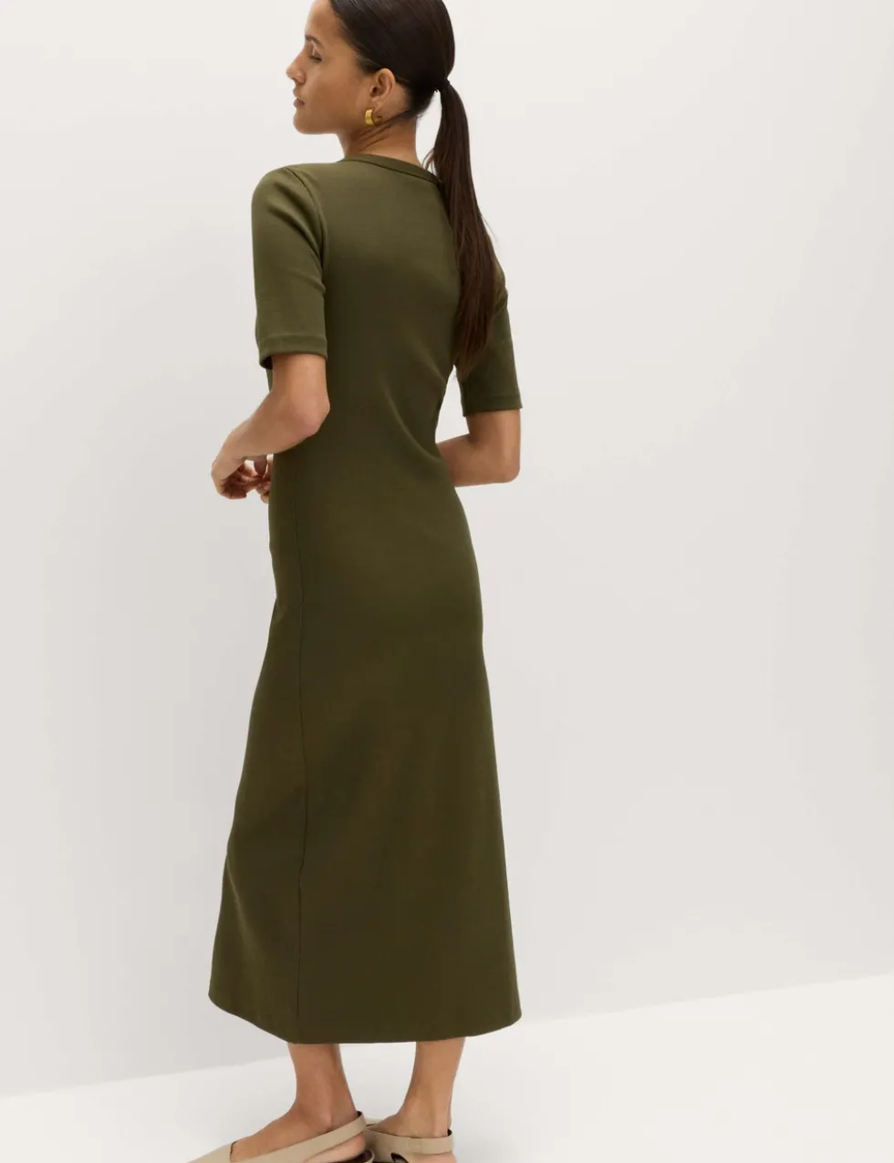 Cotton Rich Ribbed V-Neck Midi Column Dress