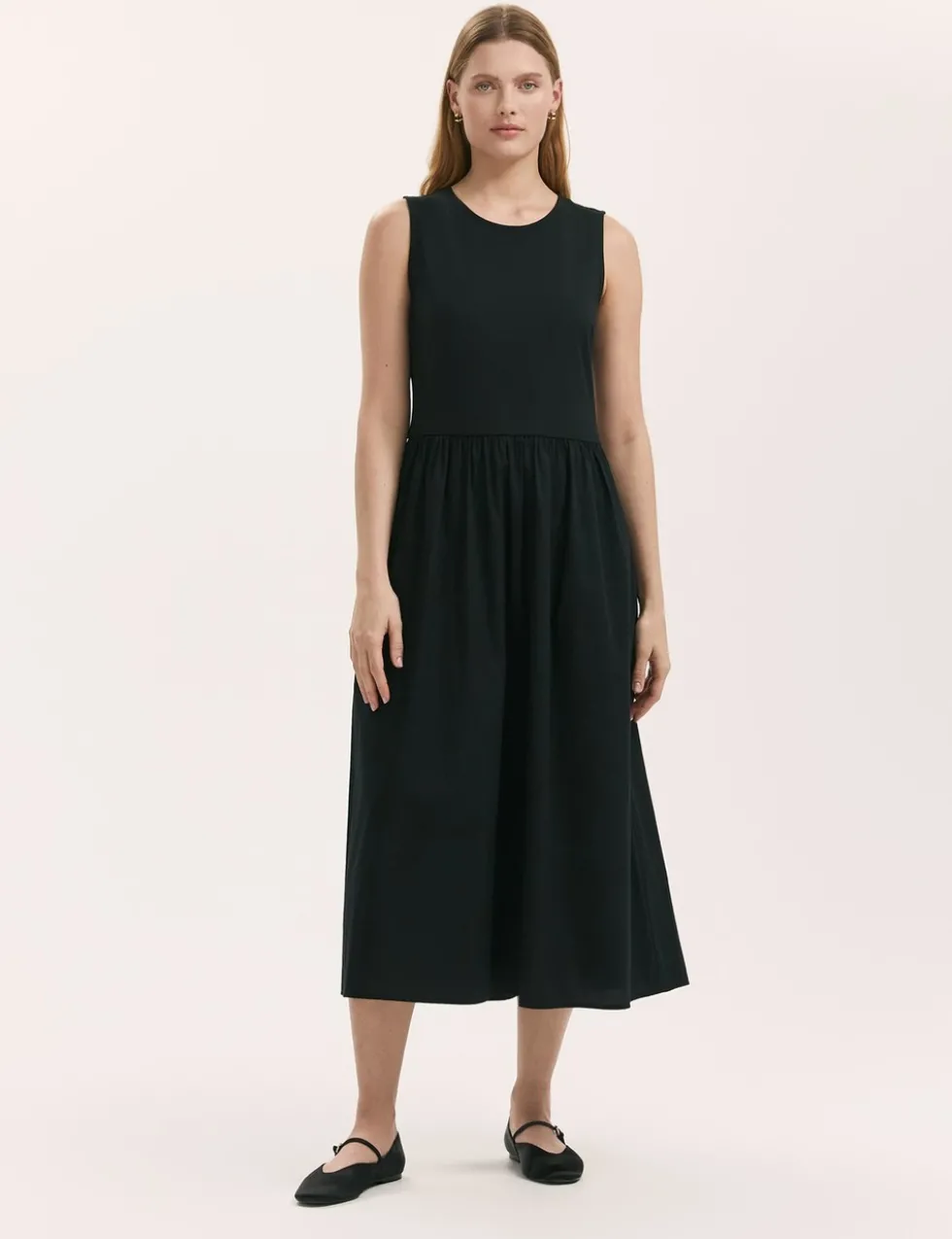 Cotton Rich Round Neck Midi Skater Dress