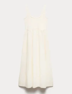 Cotton Rich Square Neck Midi Waisted Dress