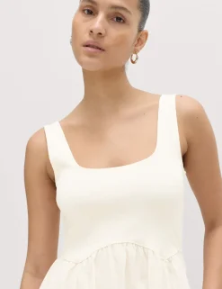 Cotton Rich Square Neck Midi Waisted Dress