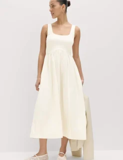 Cotton Rich Square Neck Midi Waisted Dress