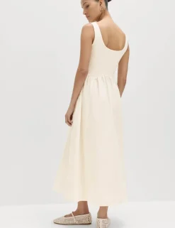 Cotton Rich Square Neck Midi Waisted Dress