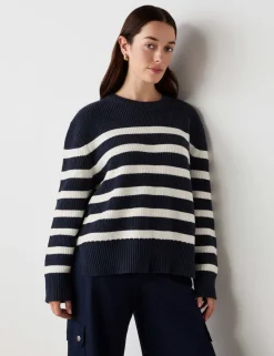 Cotton Rich Striped Ribbed Crew Neck Jumper