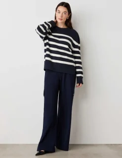 Cotton Rich Striped Ribbed Crew Neck Jumper
