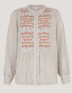 Cotton Rich Striped Shirred Shirt with Linen