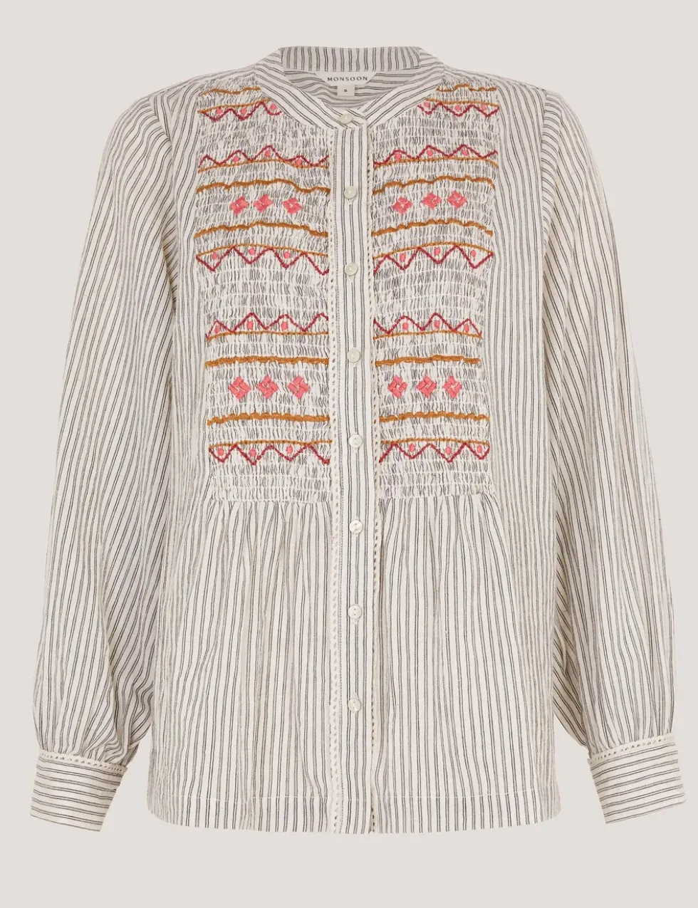 Cotton Rich Striped Shirred Shirt with Linen