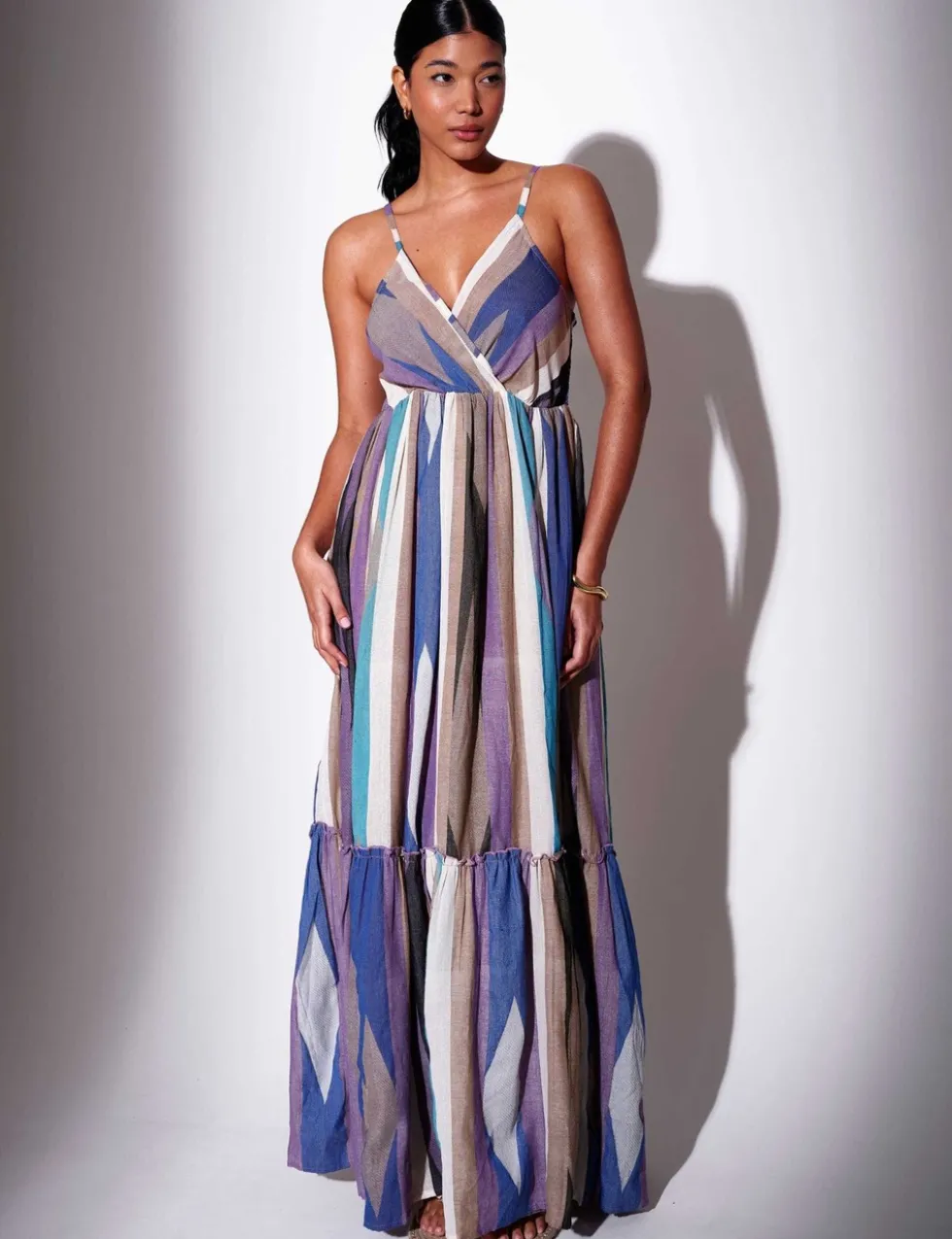 Cotton Rich Striped V-Neck Maxi Beach Dress