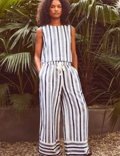 Cotton Rich Striped Wide Leg Trousers with Linen