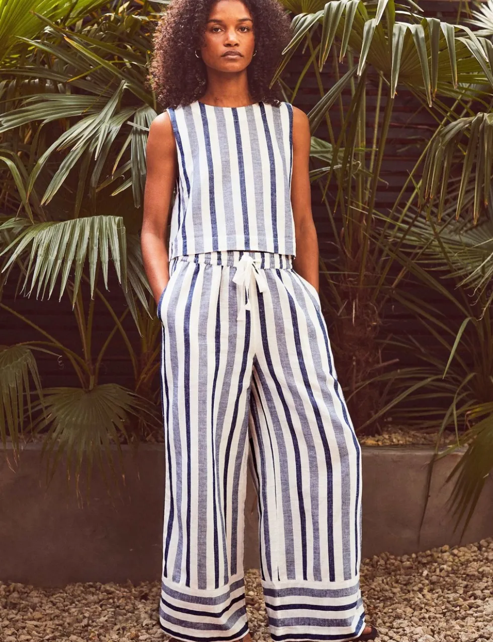 Cotton Rich Striped Wide Leg Trousers with Linen