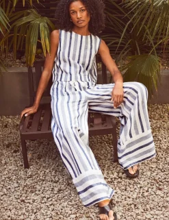 Cotton Rich Striped Wide Leg Trousers with Linen