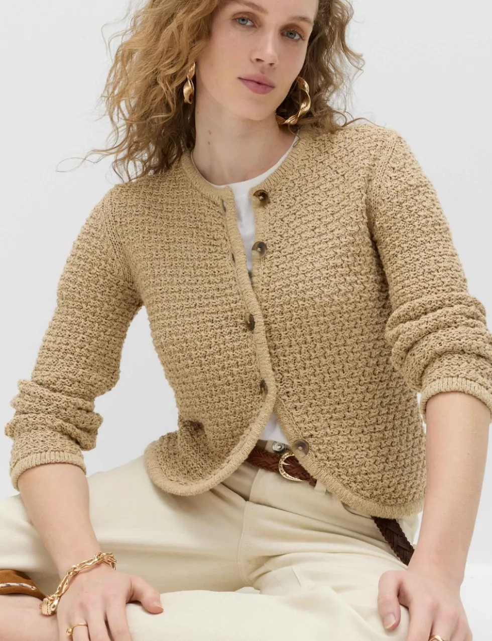 Cotton Rich Textured Cropped Knitted Jacket