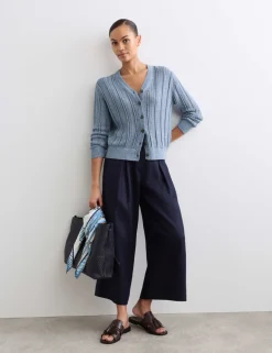 Cotton Rich Textured Open Knit V-Neck Cardigan