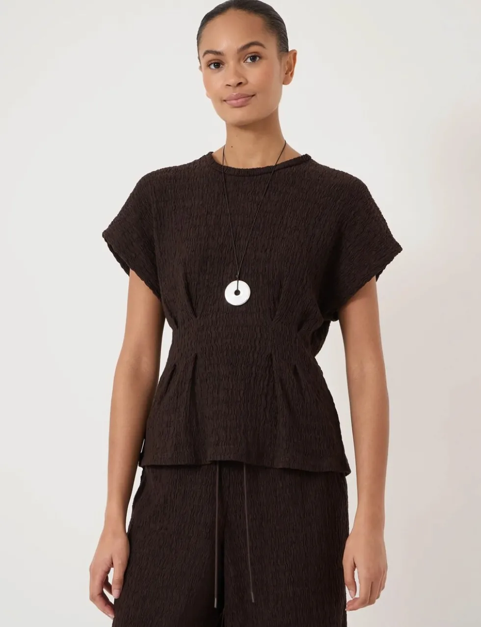 Cotton Rich Textured Shirred Crew Neck Top