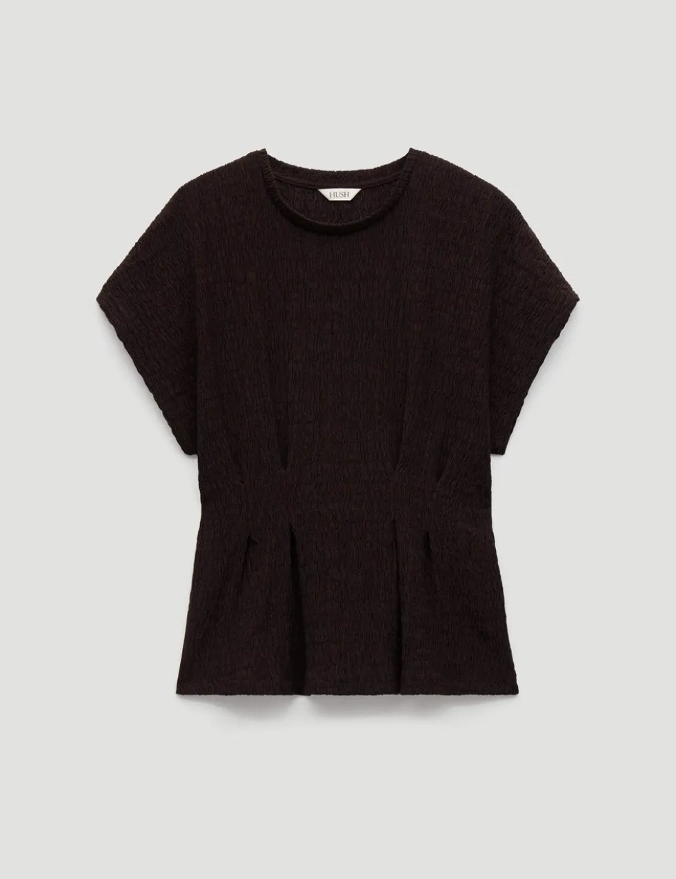 Cotton Rich Textured Shirred Crew Neck Top