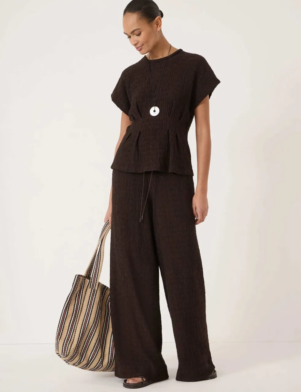 Cotton Rich Textured Shirred Crew Neck Top