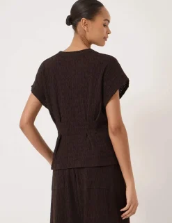 Cotton Rich Textured Shirred Crew Neck Top
