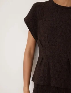 Cotton Rich Textured Shirred Crew Neck Top