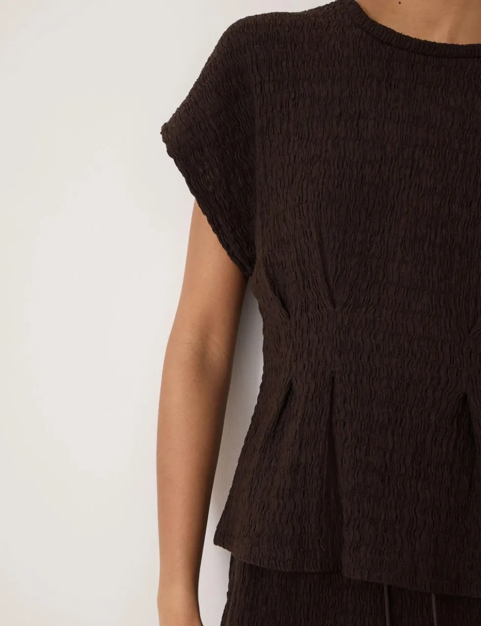 Cotton Rich Textured Shirred Crew Neck Top
