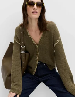 Cotton Rich Textured V-Neck Whipstitch Cardigan