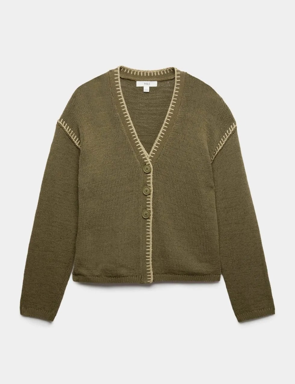 Cotton Rich Textured V-Neck Whipstitch Cardigan