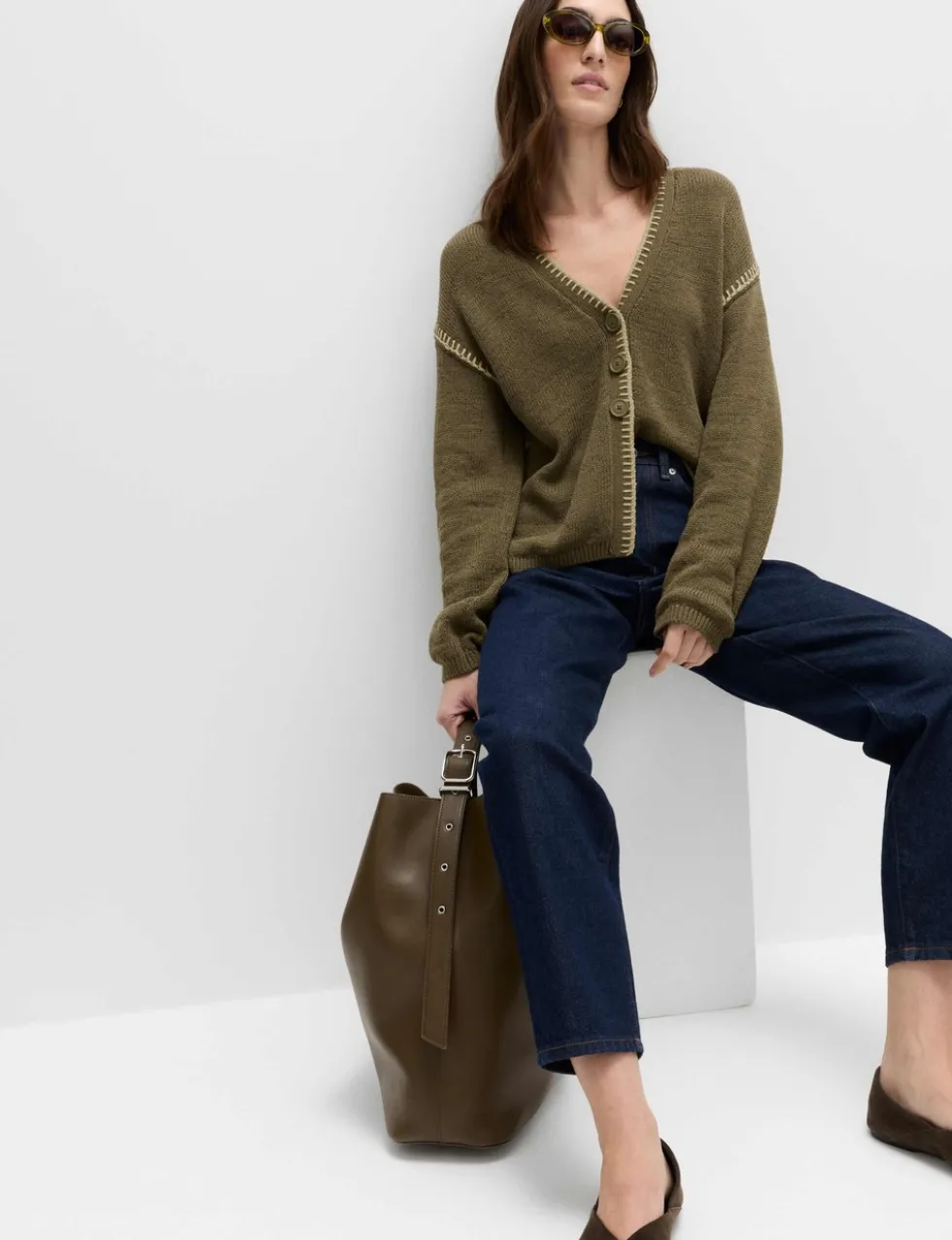 Cotton Rich Textured V-Neck Whipstitch Cardigan