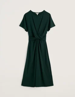 Cotton Rich Twist Front Midi Waisted Dress