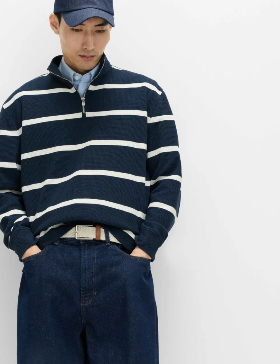 Cotton Rich Waffle Striped Half Zip Sweatshirt