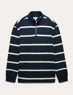 Cotton Rich Waffle Striped Half Zip Sweatshirt