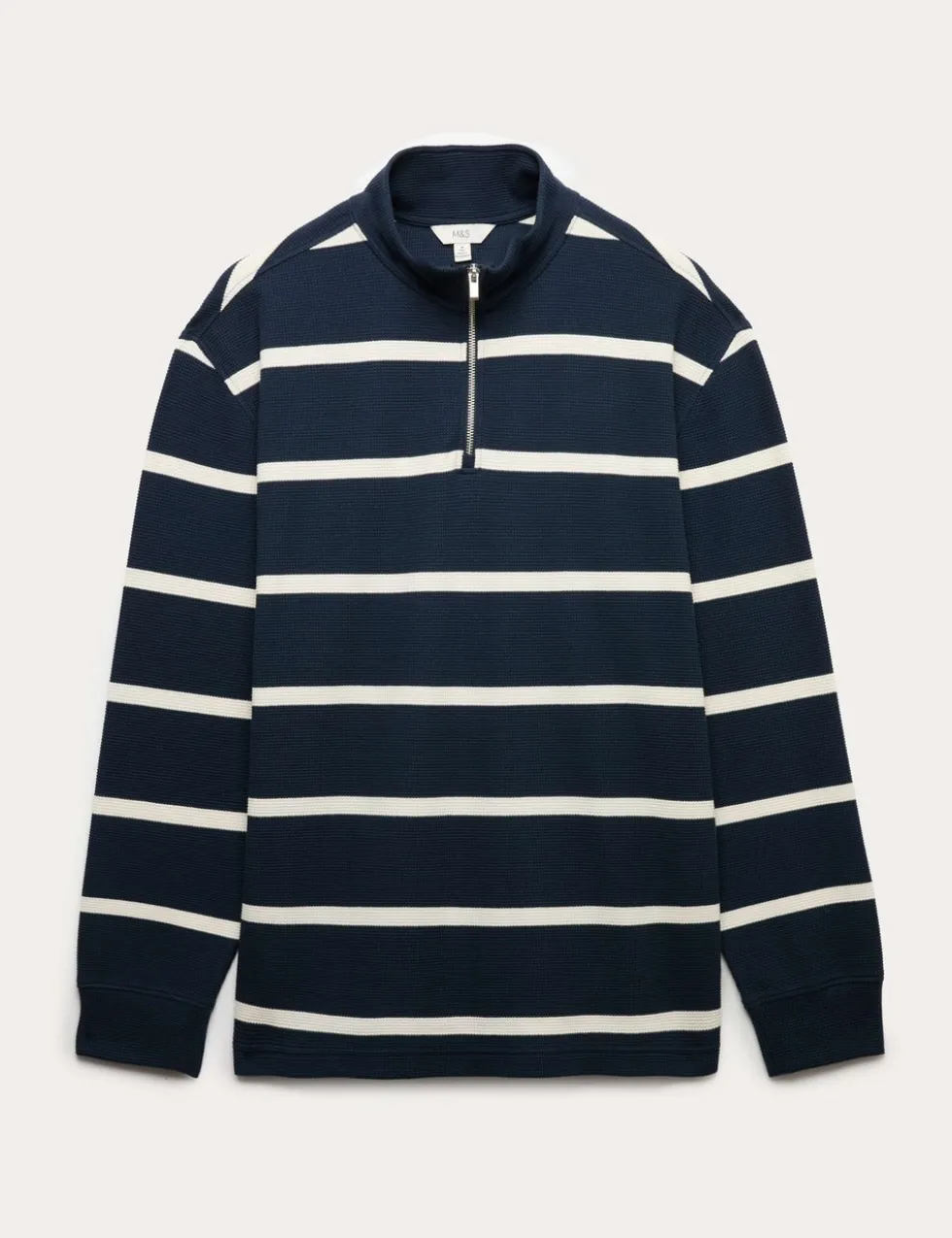 Cotton Rich Waffle Striped Half Zip Sweatshirt