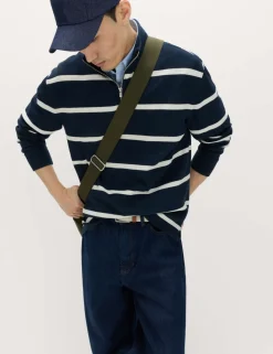 Cotton Rich Waffle Striped Half Zip Sweatshirt