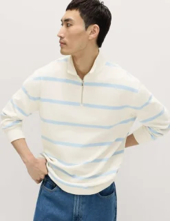 Cotton Rich Waffle Striped Half Zip Sweatshirt
