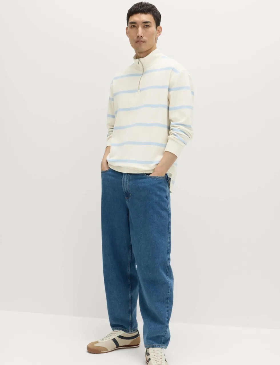 Cotton Rich Waffle Striped Half Zip Sweatshirt