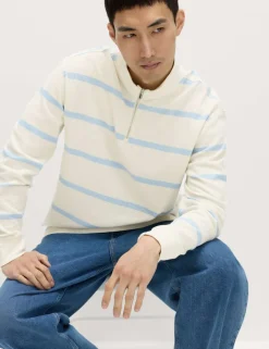 Cotton Rich Waffle Striped Half Zip Sweatshirt