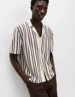 Cotton Textured Striped Knitted Polo Shirt