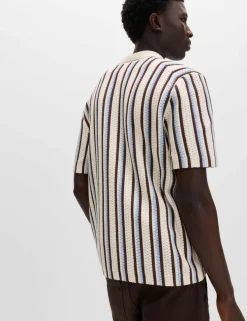 Cotton Textured Striped Knitted Polo Shirt