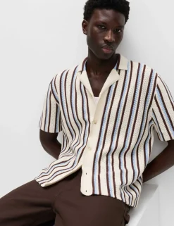 Cotton Textured Striped Knitted Polo Shirt