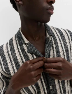 Cotton Textured Striped Knitted Polo Shirt