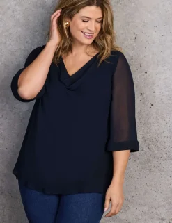 Cowl Neck Sheer Sleeve Blouse