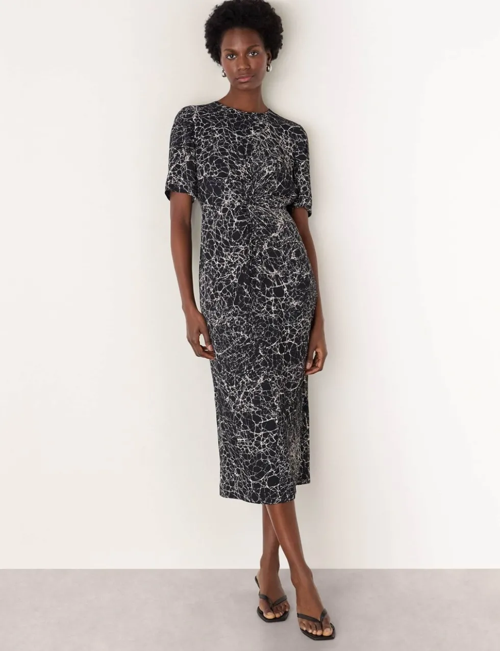 Crackle Print Twist Front Midi Shift Dress