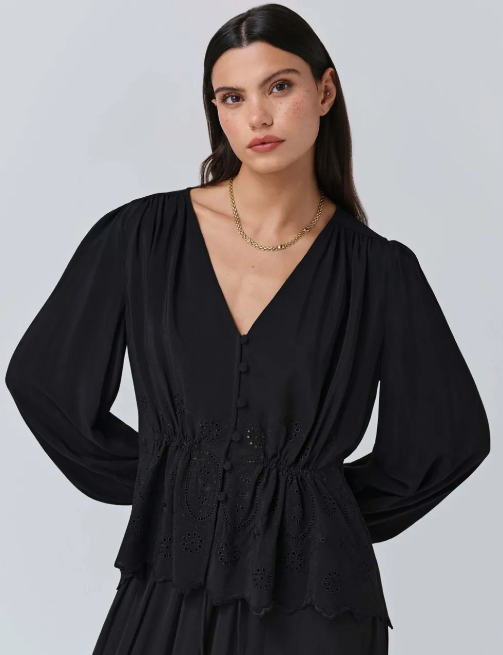 Crepe Broderie V-Neck Blouse