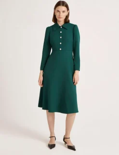 Crepe Button Front Midi Shirt Dress