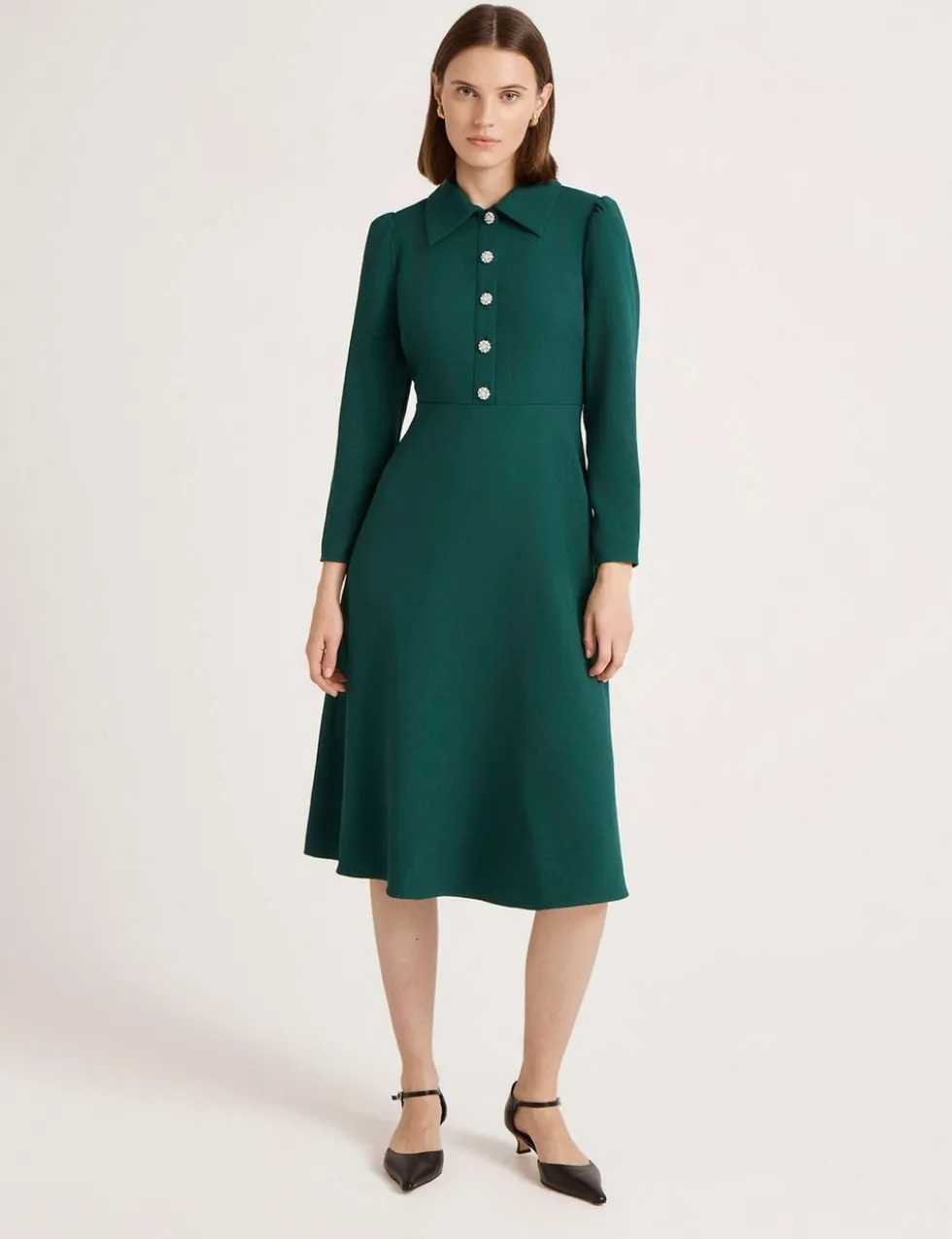Crepe Button Front Midi Shirt Dress