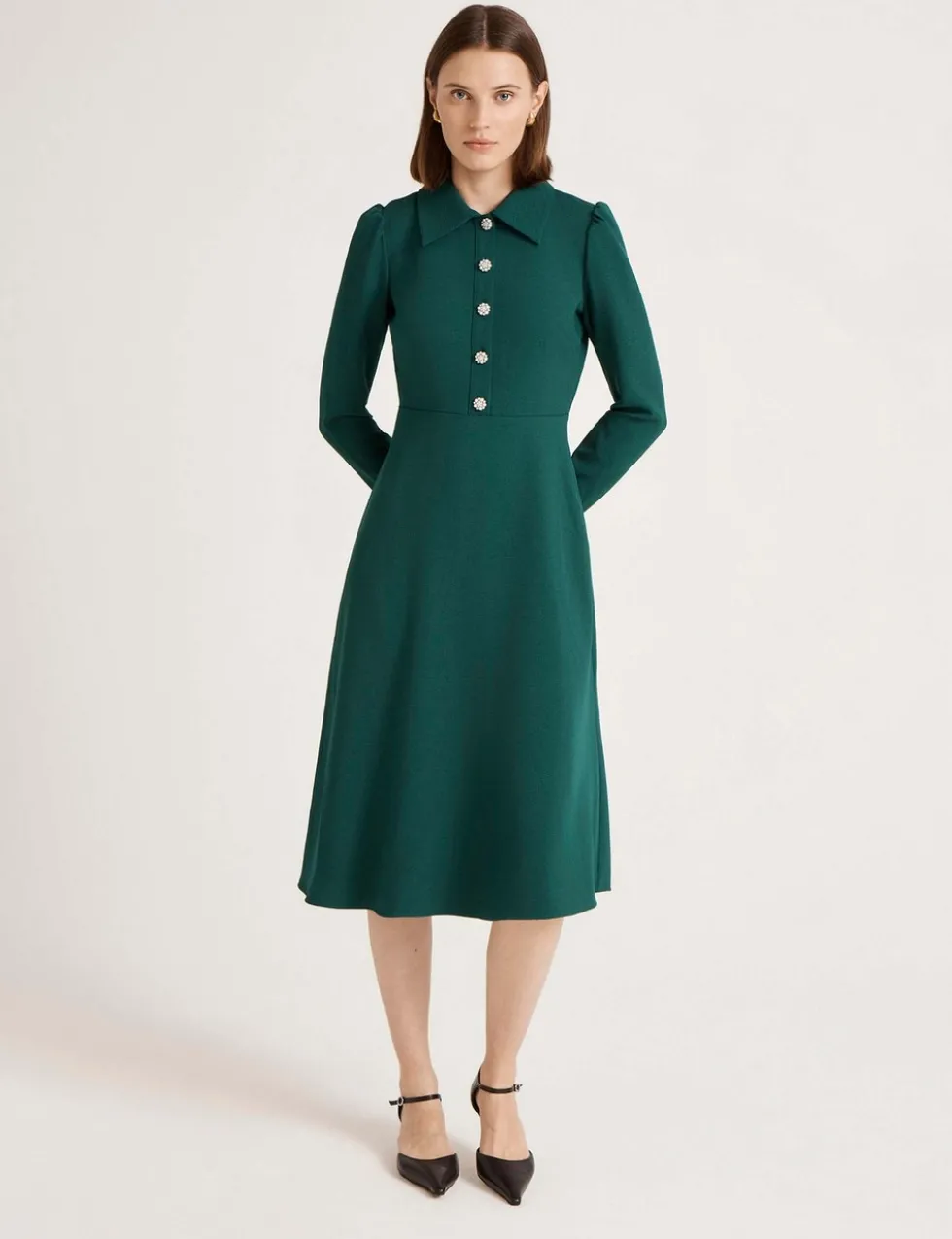 Crepe Button Front Midi Shirt Dress