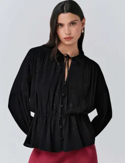 Crepe Embroidered Tie Neck Blouson Sleeve Blouse