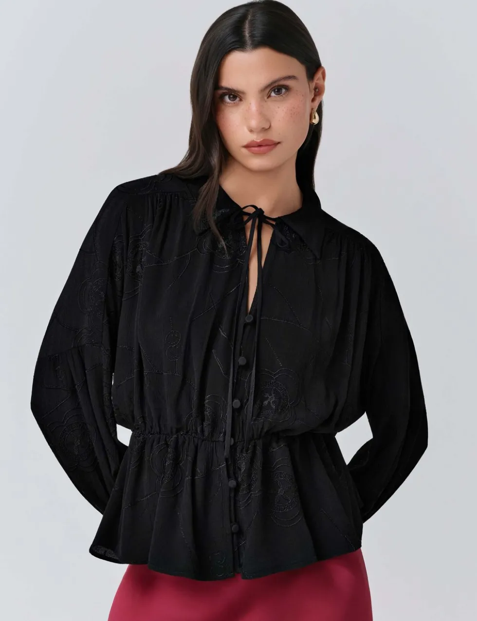 Crepe Embroidered Tie Neck Blouson Sleeve Blouse