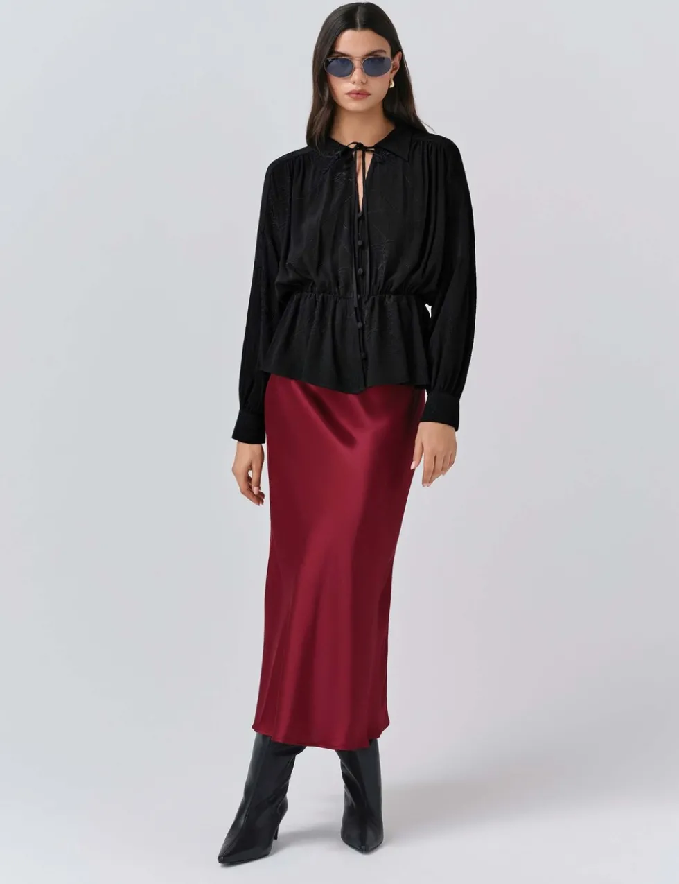 Crepe Embroidered Tie Neck Blouson Sleeve Blouse