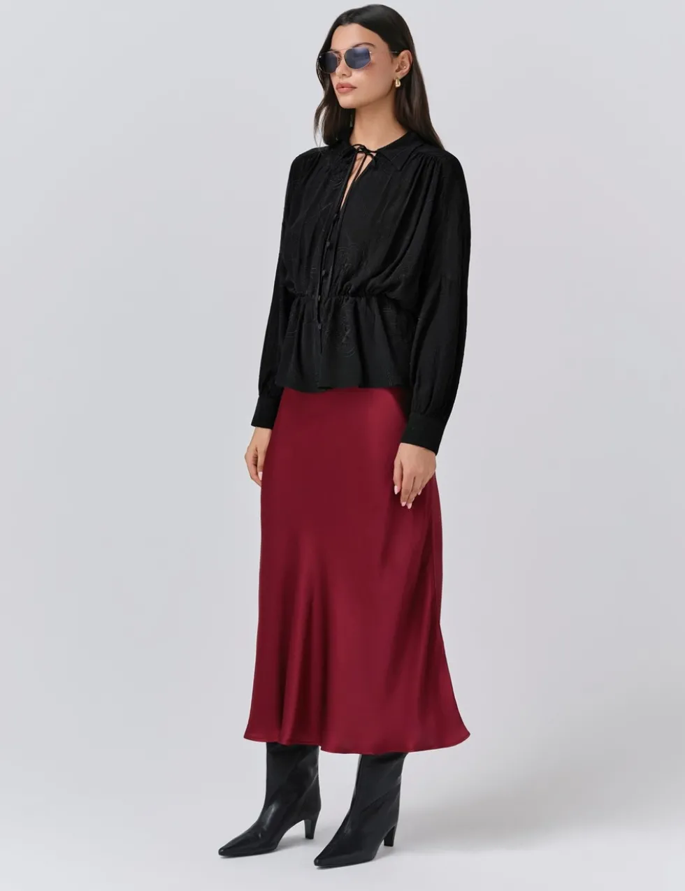 Crepe Embroidered Tie Neck Blouson Sleeve Blouse