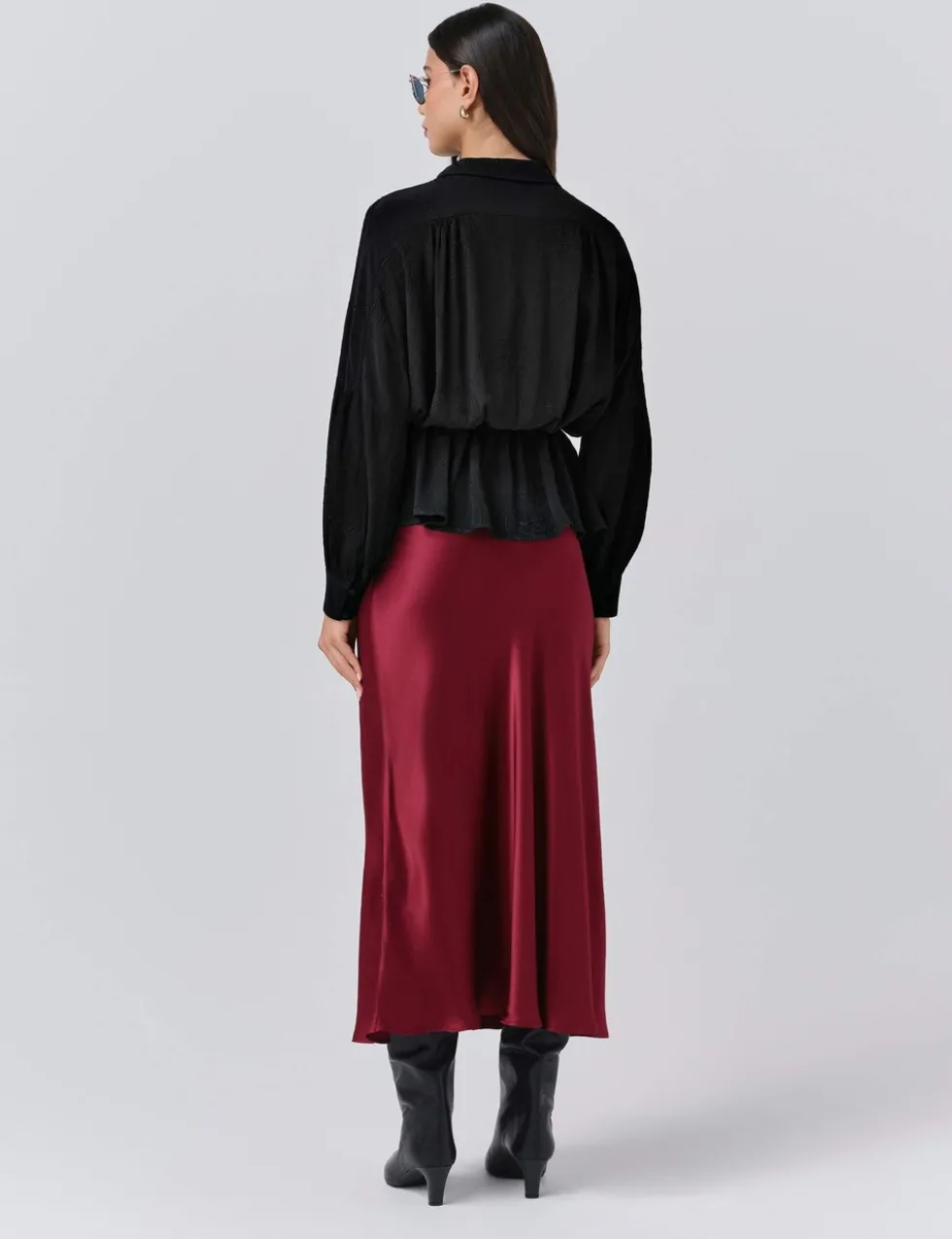 Crepe Embroidered Tie Neck Blouson Sleeve Blouse