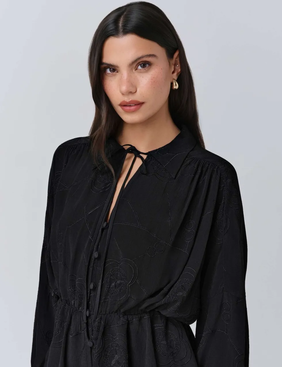 Crepe Embroidered Tie Neck Blouson Sleeve Blouse
