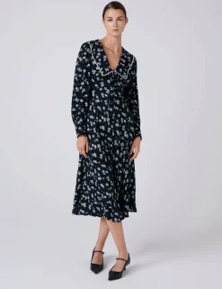 Crepe Floral Collared Midi Skater Dress
